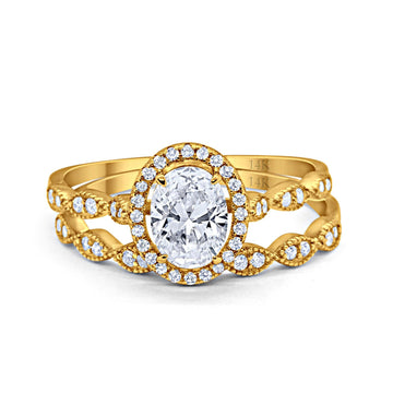 14K Yellow Gold Halo Bridal Set Piece Oval Engagement Wedding Ring Simulated CZ